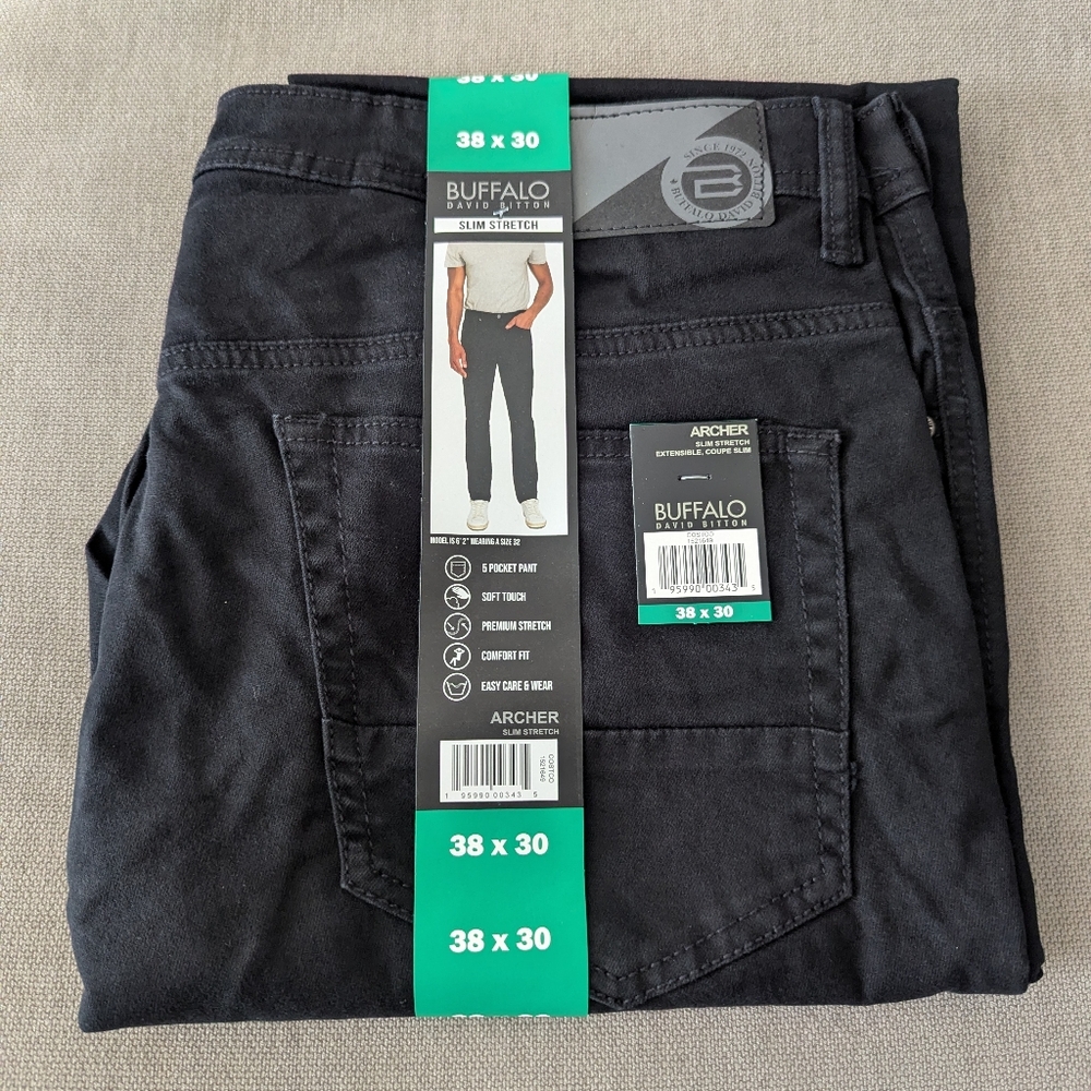 Buffalo David Bitton Jeans Men's 38x30 Slim Straight Stretch Black New